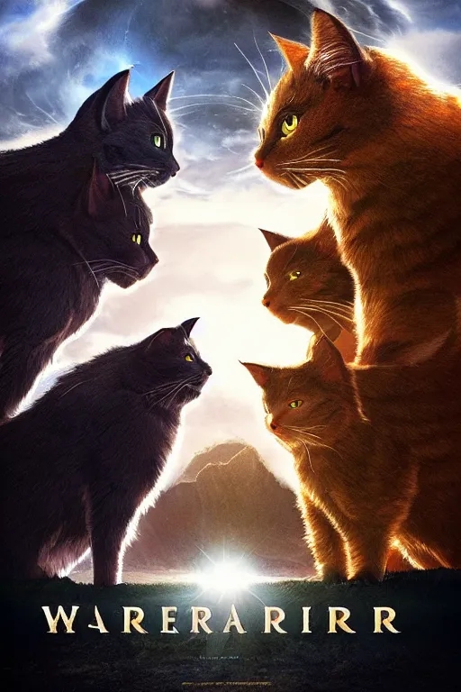 Image similar to a movie poster for warrior cats by wayne mclouglin, depth of field, sun flare, hyper realistic, very detailed, backlighting, cgi