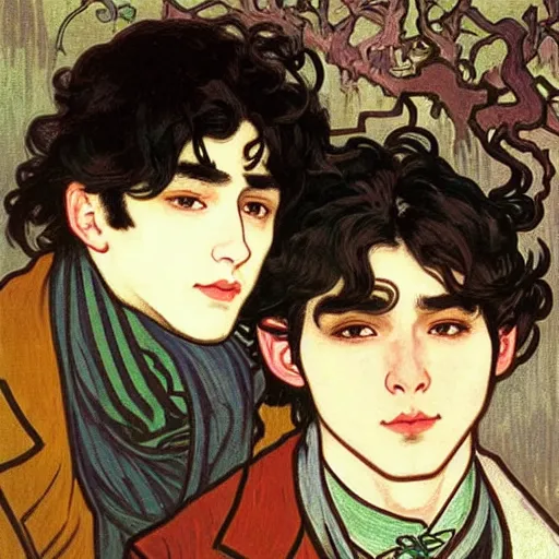 Image similar to painting of young cute handsome beautiful dark medium wavy hair man in his 2 0 s named shadow taehyung and cute handsome beautiful min - jun together at the halloween! party, bubbling cauldron!, candles!, smoke, autumn! colors, elegant, wearing suits!, clothes!, delicate facial features, art by alphonse mucha, vincent van gogh, egon schiele