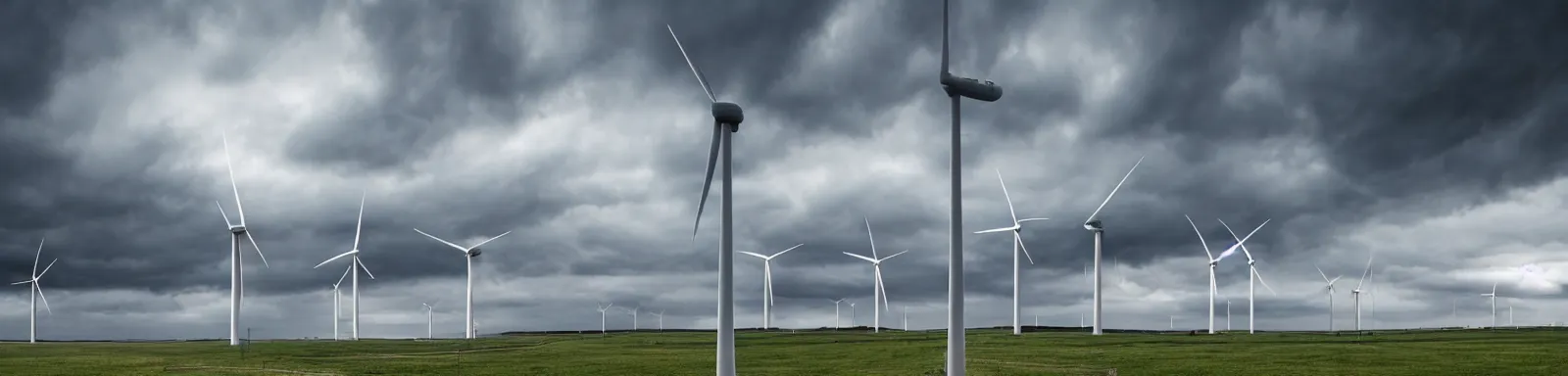 Image similar to Stormy sky with the lightings in the clouds, blueshift render, just 1 wind turbine in the background, depth of field, pipes and vaults on the ground, photorealistic, photo lense, focus, Full HD, 1128x191 resolution