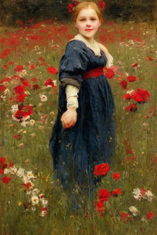 Image similar to Solomon Joseph Solomon and Richard Schmid and Jeremy Lipking victorian genre painting portrait painting of a happy young village girl in an open field of flowers, red background