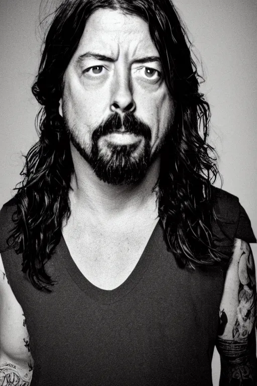 Prompt: High resolution medium shot portrait of Dave Grohl, dramatic lighting, Fuji Superia, F 2.8, 85mm, magazine photography,