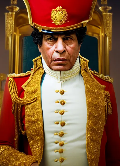 Prompt: muammar kadhafi as emperor napoleon, splash art, movie still, detailed face, cinematic lighting, dramatic, octane render, long lens, shallow depth of field, bokeh, anamorphic lens flare, 8 k, hyper detailed, 3 5 mm film grain