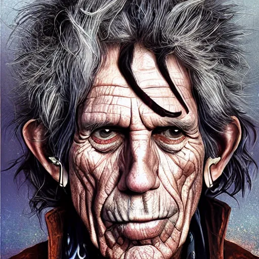 Image similar to digital painting of keith richards by filipe pagliuso and justin gerard, symmetric, fantasy, highly, detailed, realistic, intricate