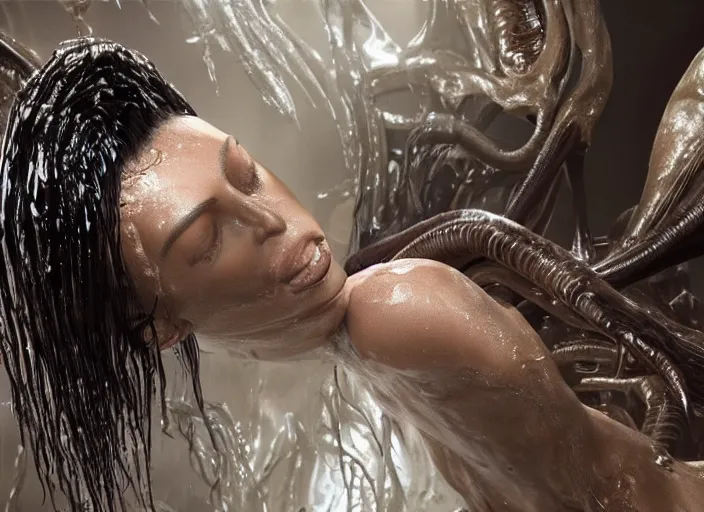 Image similar to film still of kim kardashian being licked by an xenomorph slathered in a transparent alien liquid, wet flowing hair, gooey skin, illustration, unreal engine 5, 8 k, directed by h. r. giger.