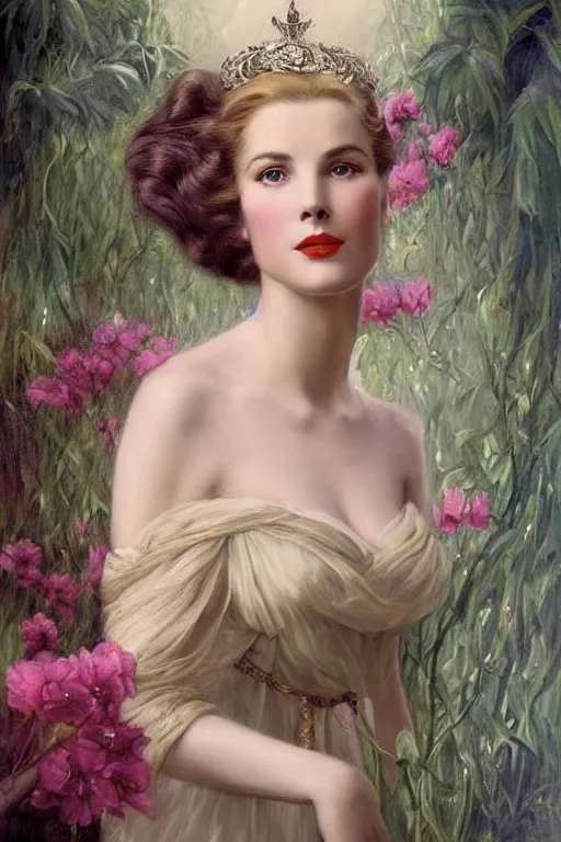 Image similar to A young and extremely beautiful Grace Kelly explaining the birds and the bees by Tom Bagshaw in the style of a modern Gaston Bussière, art nouveau, art deco, surrealism. Extremely lush detail. Melancholic night scene. Perfect composition and lighting. Profoundly surreal. High-contrast lush surrealistic photorealism. Sultry and mischievous expression on her face.