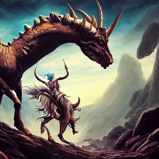 Image similar to man riding the elusive mythical capricorn creature while being attacked by monsters, fantasy art, concept art, character design, unreal engine 5, ultra detailed, cinematic, dramatic lighting