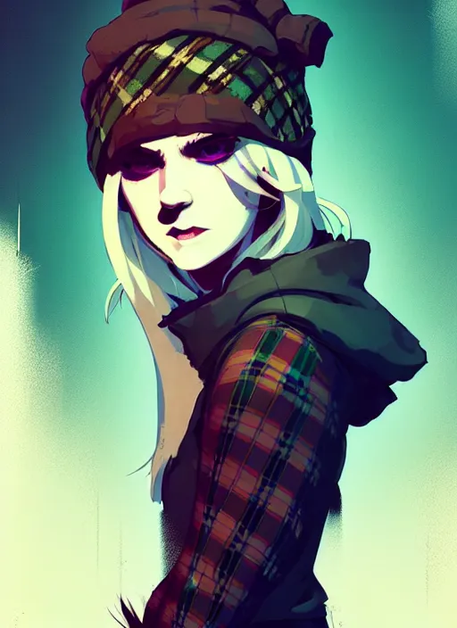 Image similar to highly detailed closeup portrait of a sewer punk female thief, tartan cloak, blonde hair with headband by atey ghailan, by greg rutkowski, by greg tocchini, by james gilleard, by joe fenton, by kaethe butcher, gradient, blue, black, brown and cream color scheme, grunge aesthetic!!! white graffiti tag wall background