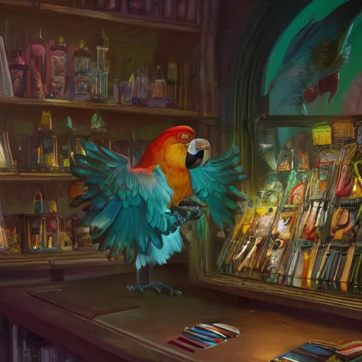 Image similar to Anthropomorphized Parrot shopkeeper, magic the gathering artwork, D&D, fantasy, shelves full, in shop, cinematic lighting, centered, highly detailed, digital painting, artstation, concept art, smooth, sharp focus, illustration, volumetric lighting, 8k, art by Akihiko Yoshida and Greg Rutkowski