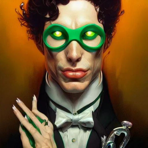 Prompt: the riddler closeup, d & d, intricate, elegant, highly detailed, digital painting, artstation, concept art, matte, sharp focus, illustration, art by artgerm and greg rutkowski and alphonse mucha