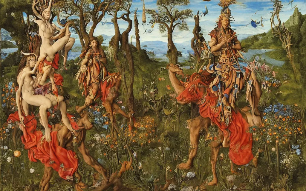 Image similar to a portrait photograph of a meditating shaman and a centaur monk riding a harpy and hunting at a river delta. surrounded by bulbous flowers and trees. mountain range under a blue sky of fiery stars. by jan van eyck, max ernst, ernst haeckel, ernst fuchs and artgerm, cgsociety, fashion editorial, 8 k