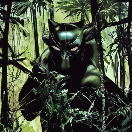 Image similar to black panther in the jungle by dave mckean and yoji shinkawa, oil on canvas