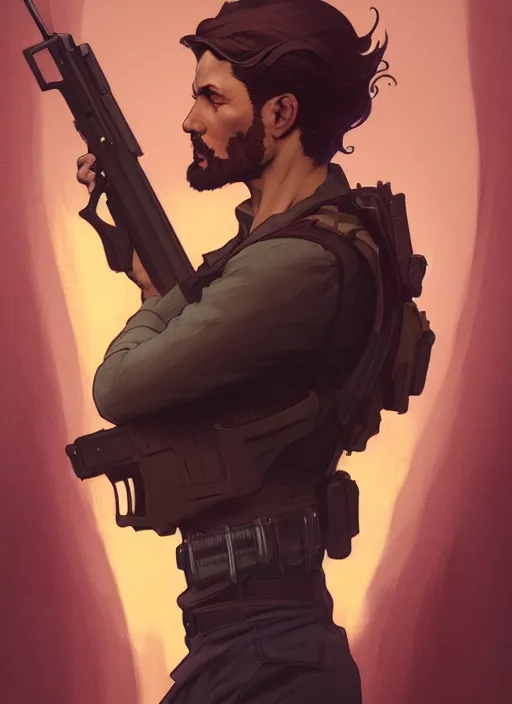 Prompt: side profile centered portrait, man with a gun, by artgerm, cushart krenz, greg rutkowski, storyboard, west world show, mucha. art nouveau. gloomhaven, swirly vibrant ripples, gaudy colors, sharp edges. ultra clear detailed. 8 k. elegant, intricate, octane render