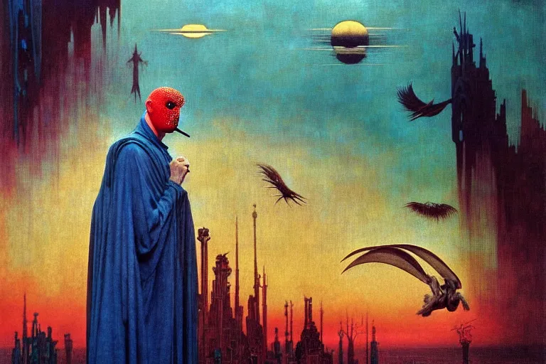 Image similar to realistic detailed portrait movie shot of a birdman wearing a dark robes, sci fi city landscape background by denis villeneuve, amano, yves tanguy, alphonse mucha, ernst haeckel, max ernst, roger dean, masterpiece, rich moody colours, dog teeth, blue eyes, sunset