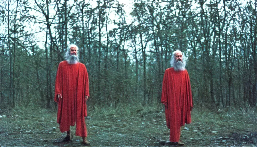 Image similar to 1 9 6 0 s movie still by tarkovsky of socrates in red lake, cinestill 8 0 0 t 3 5 mm, high quality, heavy grain, high detail, panoramic, cinematic composition, dramatic light, ultra wide lens, anamorphic