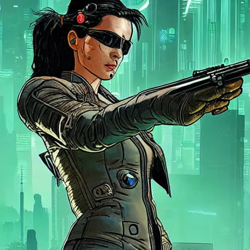 Image similar to selina. cyberpunk mercenary smoking a cigar. Style of James Gurney and Mœbius. (Cyberpunk 2077. Blade Runner. Apex Legends. The matrix)