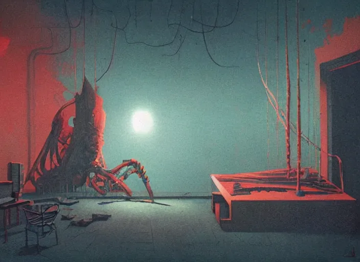 Prompt: scene from the tv series chernobyl edward hopper and james gilleard, zdzislaw beksinski, by greg rutkowski, exotic vegetation, tristan eaton, victo ngai, vibrant red background, whale skeleton, a still from the film alien, hyperrealism