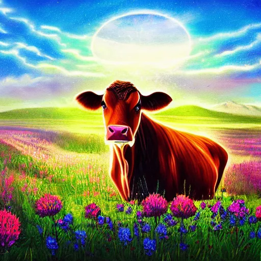 Prompt: a fantasy artwork of a cow in a field of glowing flowers, godlen light shines on the cow