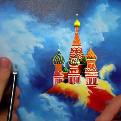 Image similar to vladimir putin, painting a painting of happy little hydrogen nuclear explosion in moscow red square, intricate, highly detailed, smooth, artstation,