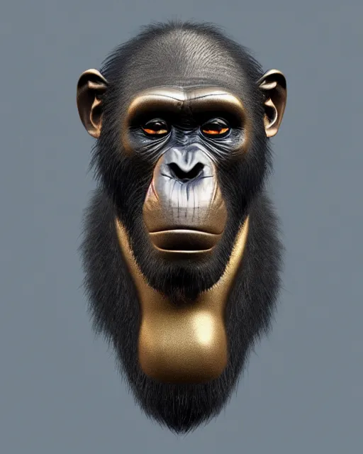 Image similar to gold, blue, head to shoulders illustration of a chimpanzee, 3 d, 8 k, extremely detailed, artstation