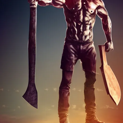 Prompt: pumped - up communist cyborg farmer holding an axe, hd, 8 k, realistic artwork, full character