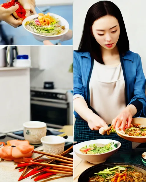 Prompt: Stock Photos of a beautiful Chinese woman preparing a traditional meal