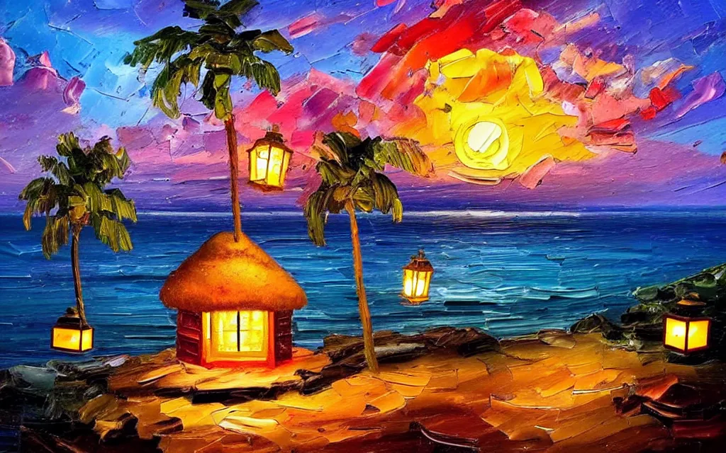 Image similar to a very very small island! cute cozy cottage!! and lanterns!!!, chairs, fireplace, palm trees, dark very late evening cloudy sunset, dramatic and dynamic lighting, thick brush strokes oil impasto painting