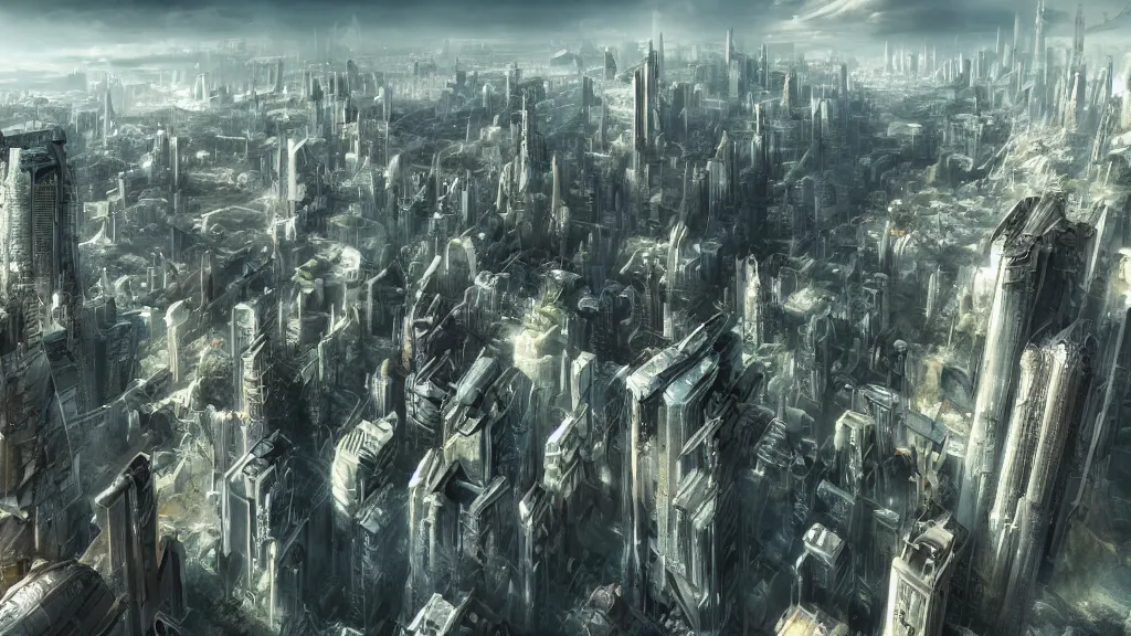 Prompt: aerial view of a futuristic city overtaken by nature, cinematic concept art, highly detailed matte painting