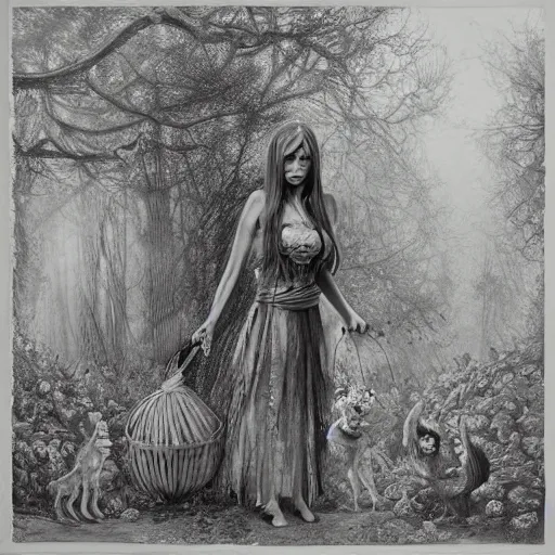 Image similar to pencil drawing, cenozoic by alejandro burdisio rich. a experimental art of a vasilisa standing in the forest, surrounded by animals. she is holding a basket of flowers in one hand & a spindle in the other. gentle expression. in the background, the forest is dark & mysterious.