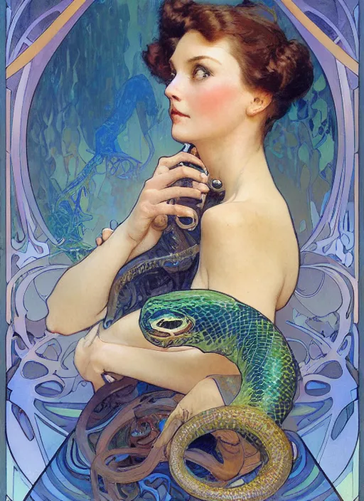 Prompt: an art nouveau copic maker holographic portrait of a woman holding a snake by john berkey by stanley artgerm lau, alphonse mucha, loish, norman rockwell