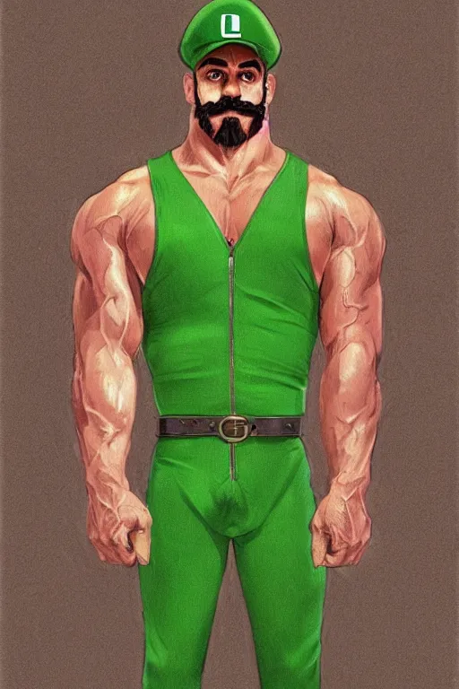 Prompt: gigachad luigi wearing a green jumpsuit by ilya kuvshinov, bodybuilder ernest khalimov, super mario bros symmetrical face concept art, hyper realistic, intricate, elegent, highly detailed, digital painting, concept art, smooth, sharp, focus, illustration, art by artgerm and greg rutkowski and alphonse mucha, artstation