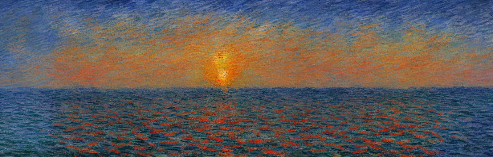 Image similar to An aesthetically pleasing, dynamic, energetic, lively, well-designed digital art of the ocean at sunset, light and shadow, by Claude Monet and Vincent Van Gogh, superior quality, masterpiece, excellent use of negative space. 8K, superior detail.