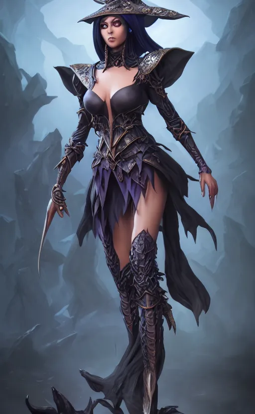 Image similar to full body shot of dark elf witch, highly detailed, d & d, fantasy, highly detailed, digital painting, trending on artstation, concept art, sharp focus, illustration, global illumination, ray tracing, realistic shaded, art by artgerm and greg rutkowski and fuji choko and viktoria gavrilenko and hoang lap,