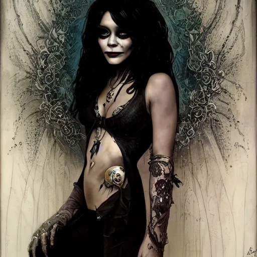 Image similar to beautiful portrait of vanessa hudgens as death from sandman, smiling, by cedric peyravernay, alphonse mucha, by jeremy mann, by lecouffe deharme, goth chic, soft lightning, eyeliner, punk rock, high detailed, 8 k