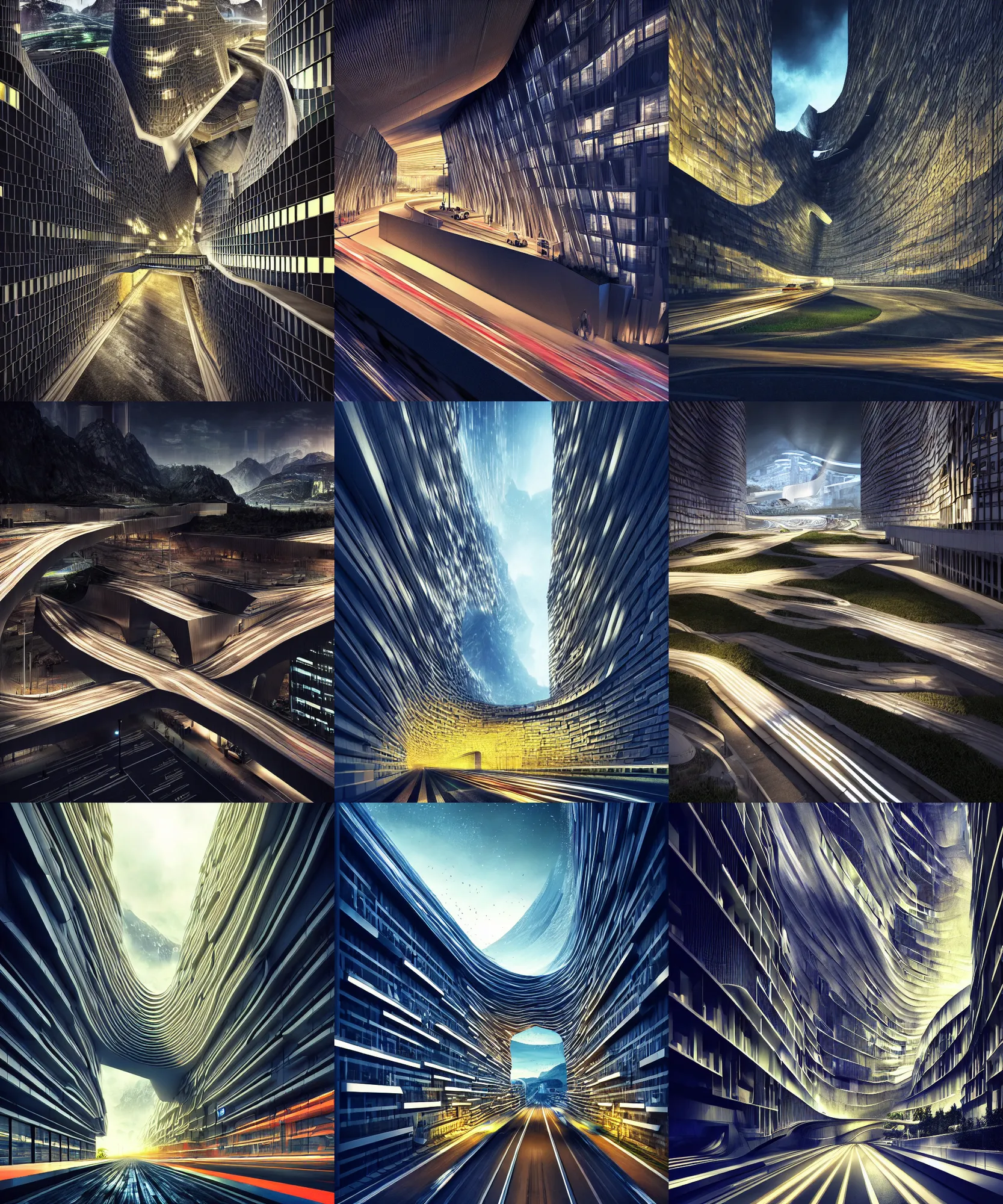 Image similar to maximalism digital art, denis villeneuve establishing shot of modern bjarke ingels condo building and gotthard tunnel entrance combined, roads tunnel under bjarke ingels condo building, lush environment, night lighting, scifi artstation digital concept art, unreal engine, hyper realism, realistic shading, wide shot