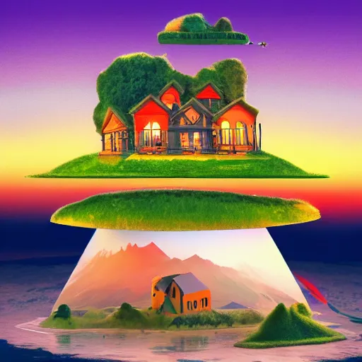 Image similar to a picture of a floating island with a house on it, an album cover by Justin Currie, polycount, plasticien, made of plastic, concert poster, made of trash