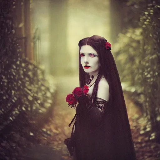 Image similar to A beautiful portrait of a lady vampire, victorian, dracula, ominous, depth of field, bokeh, irwin penn, soft light, cinematic