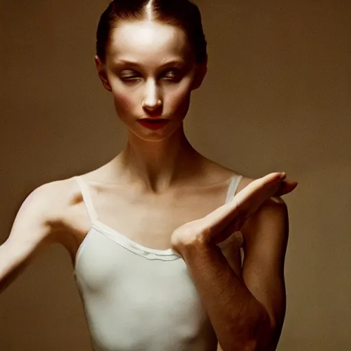 Prompt: portrait of a ballerina with a beautiful porcelain face, cinematic light and reflections, beautiful dreamy lighting, photographed by annie leibovitz,