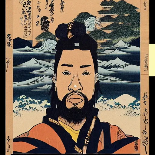 Image similar to U-God from Wu-tang Clan rapping, portrait, style of ancient text, hokusai