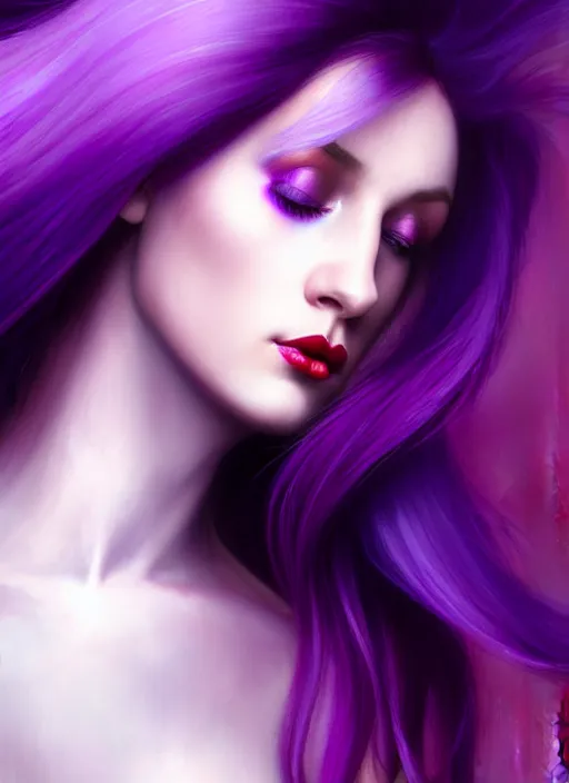 Image similar to Purple hair relistic Portrait of a two woman with bright colored flying hair, all shades of purple. Beauty face, red lips, Hair coloring, fantasy, intricate, elegant, highly detailed, digital painting, artstation, concept art, smooth, sharp focus, illustration, art by artgerm and greg rutkowski and alphonse mucha