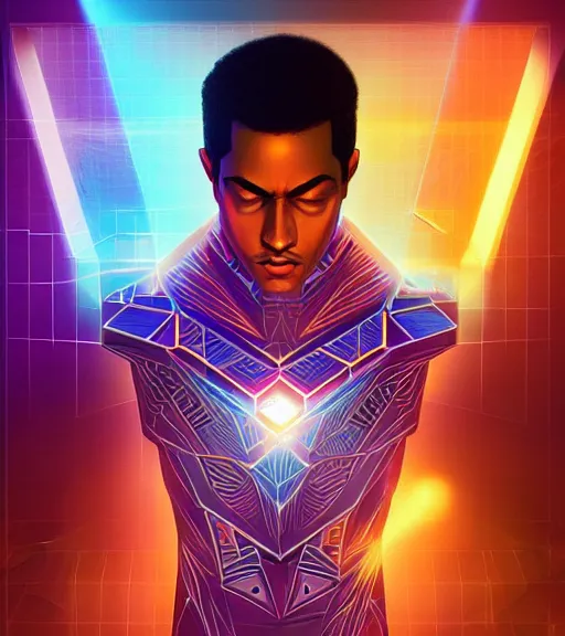 Image similar to symmetry!! egyptian prince of technology, solid cube of light, hard edges, product render retro - futuristic poster scifi, lasers and neon circuits, brown skin man egyptian prince, intricate, elegant, highly detailed, digital painting, artstation, concept art, smooth, sharp focus, illustration, dreamlike, art by artgerm