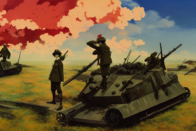 Image similar to anime key visual depicting the horrors of the 1 9 1 8 great war, anime maids riding early tanks, matriarchy, old bolt action rifles, biplanes in the sky, blood anguish terror death, style of jamie wyeth james gilleard edward hopper greg rutkowski acrylic painting, preserved museum piece, historical