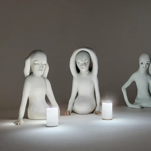 Image similar to ceramic sculptures, soft 3d render, diffused lighting, ghostly casper the ghost meeting in the basement with a group of girls doing a seance, artwork by shary boyle