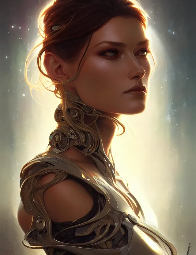 Image similar to futuristic woman portrait, sci-fi, amber eyes, face, long hair, fantasy, intricate, elegant, highly detailed, digital painting, artstation, concept art, smooth, sharp focus, illustration, art by artgerm and greg rutkowski and alphonse mucha