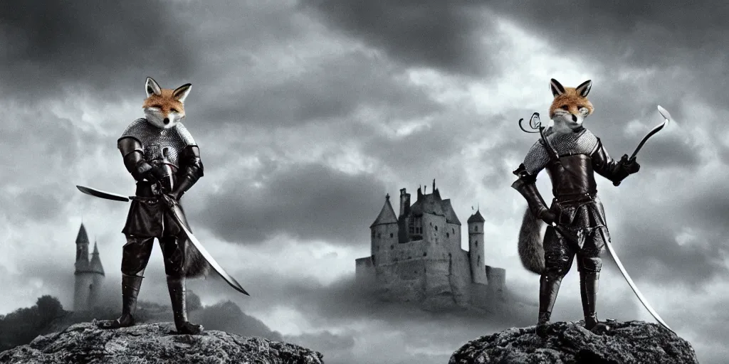 Image similar to anthropomorphic fox who is a medieval knight holding a sword towards a stormy thundercloud 1 9 3 0 s film still, castle in the background