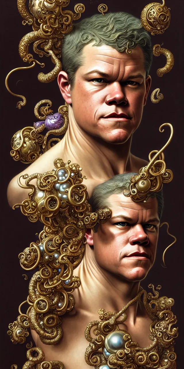 Image similar to handsome matt damon baroque rococo fantasy character portrait, ultra realistic, intricate details, the fifth element artifacts, highly detailed by peter mohrbacher, hajime sorayama, wayne barlowe, boris vallejo, aaron horkey, gaston bussiere, craig mullins alphonse mucha, rococo curves swirls and spirals, flowers pearls beads crystals jewelry goldchains scattered