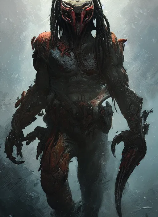 Image similar to A full portrait of The Predator , by dreadjim, Greg Rutkowski, , epic scifi character art, Exquisite detail, post-processing, low angle view, masterpiece, cinematic