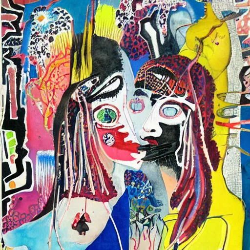 Prompt: watercolor painting of two bizarre psychedelic monster women kissing in japan in winter, speculative evolution, mixed media collage by basquiat and jackson pollock, maximalist magazine collage art, sapphic art, psychedelic illustration