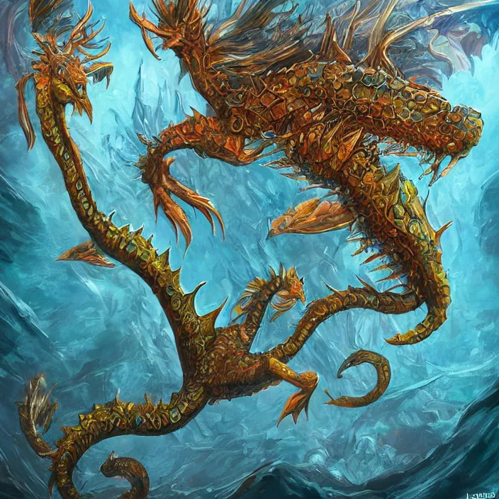 Image similar to underwater sea dragon full body, d & d style, trending on artstation, intricate, highly detailed, vivid painting, colorful, art by alexandr leskinen