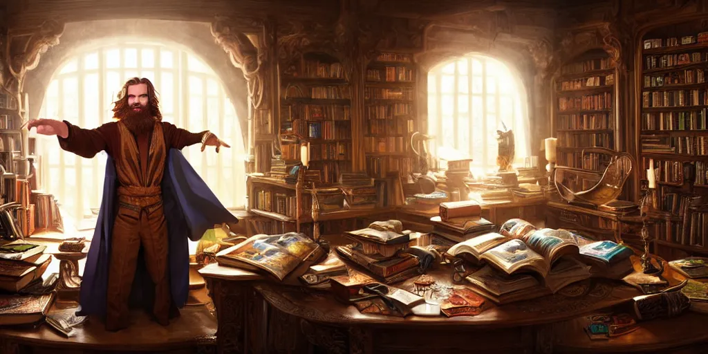 Prompt: a handsome white male sorcerer in his library, the room filled with colorful magic, hands are not shown, brown hair, beard, epic composition, waist up, very detailed, character design by stanton feng