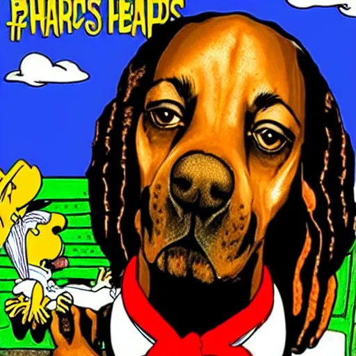 Image similar to the face of snoop dogg famous rapper professional photo on the body of the beagle snoopy from charles schultz'peanuts